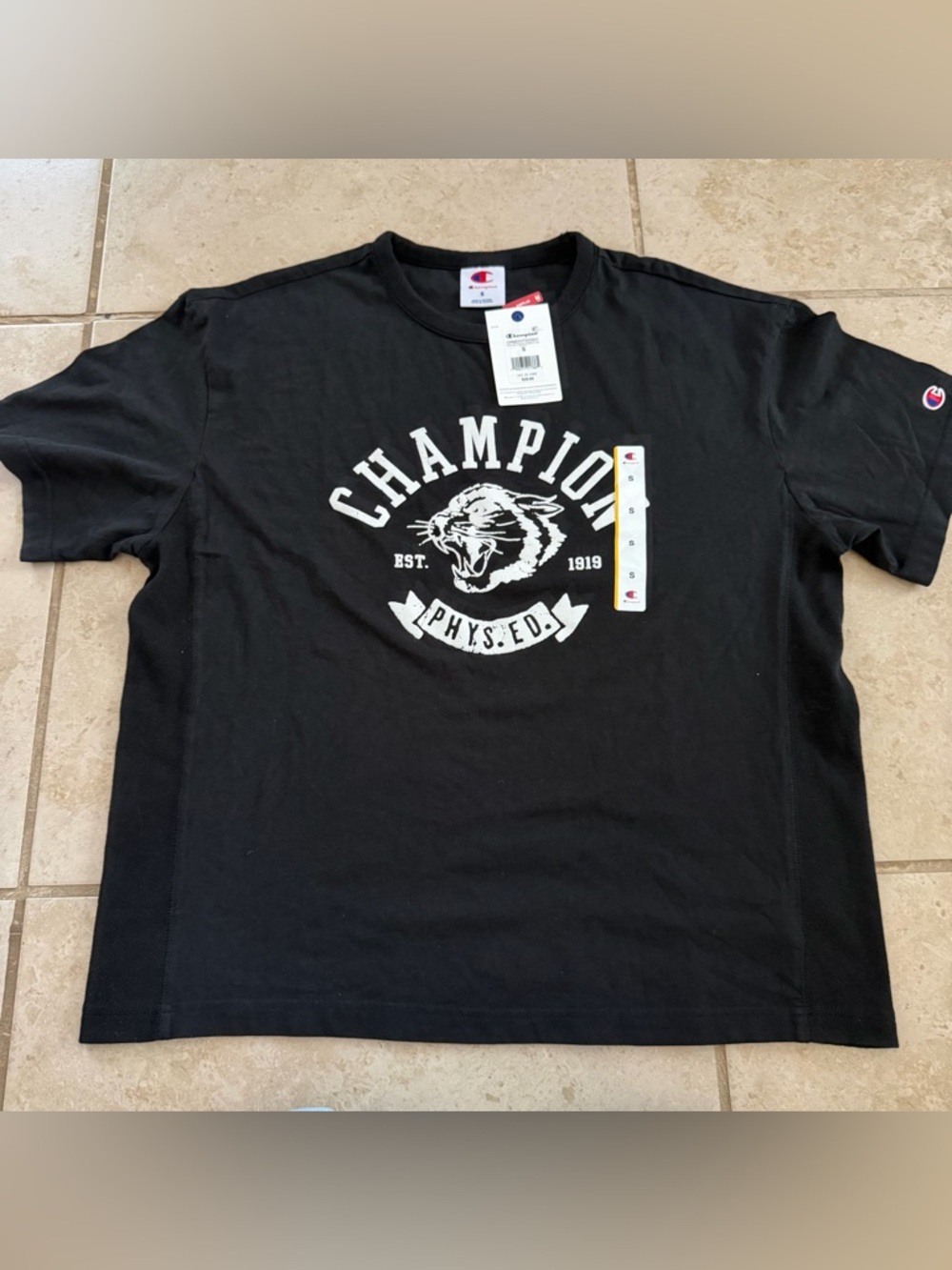 Champion Phys Ed Cougar Graphic Tee Men's Size small Black Boxy T Shirt NWT